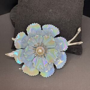 Vintage Coro Iridescent Blue Flower Brooch Silver Pin Large 3.5"